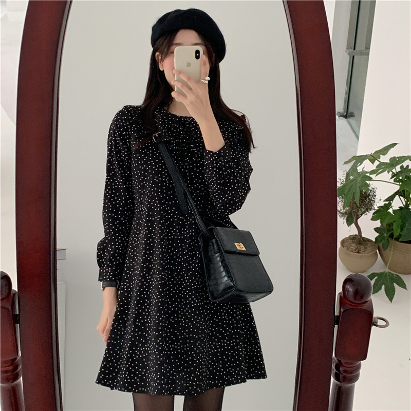 SUXI NEW Đầm Midi Dài Tay Họa Tiết Chấm Bi Xinh Xắn Dành Cho Nữ