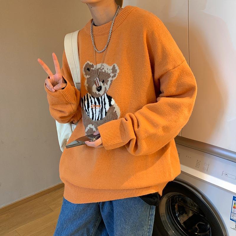 Áo sweater nam cổ tròn dáng rộng hình gấu thời trang thu đông phong cách Hàn Quốc