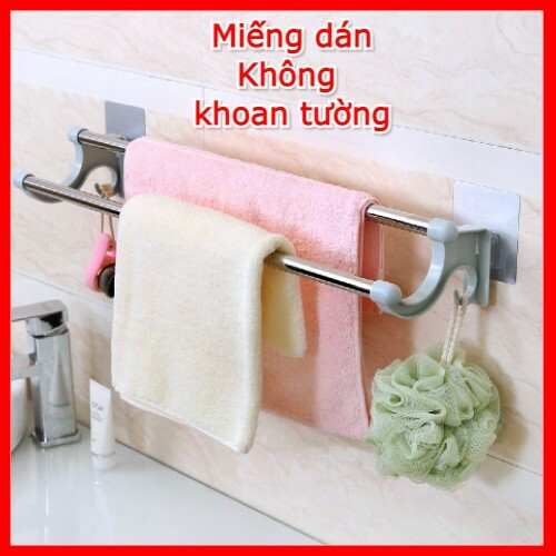 Giá treo khăn nhà tắm dán tường 2 thanh inox tiện lợi có móc 2 đầu siêu dính chịu lực tốt không khoan tường