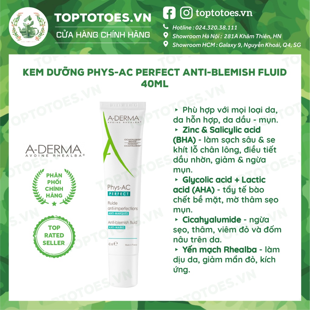 Kem dưỡng giảm mụn, thâm A-DERMA PHYS-AC PERFECT ANTI-BLEMISH FLUID 40ml [NHẬP KHẨU CHÍNH HÃNG 100%]