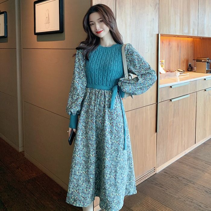 Đầm dệt kim vải nhung họa tiết hoa phong cách Retro cho nữ