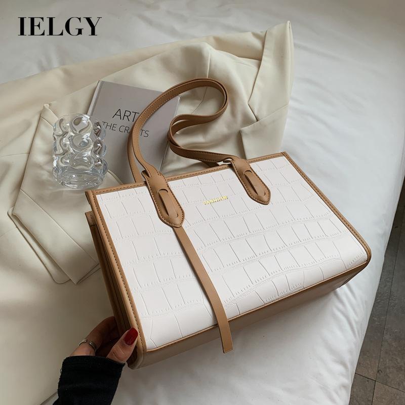 Túi xách IELGY họa tiết da cá sấu màu tương phản sức chứa lớn sành điệu