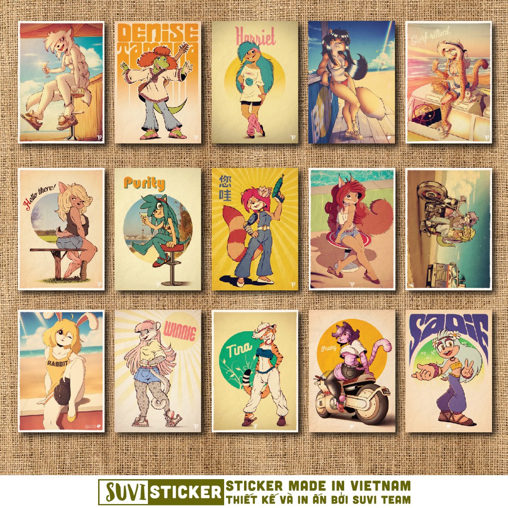 50 Sticker Vintage Cartoon chống nước sticker dán mũ bảo hiểm, laptop, điện thoại, đàn guitar, vali. MSP: NS37