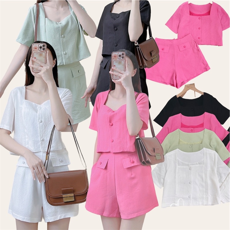 [Sẵn] Set áo croptop cổ vuông gài nút + quần short túi nắp 4 màu