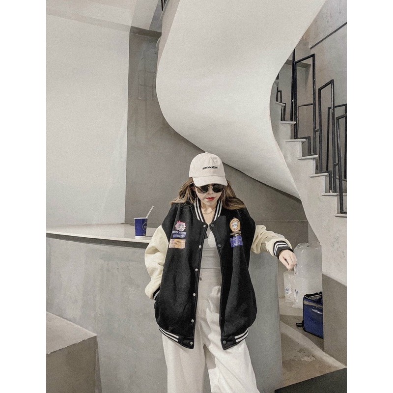 ÁO KHOÁC BÓNG CHÀY BOMBER ĐEN PHỐI TRẮNG SỌC THÊU STICKER KÈM ẢNH THẬT | BigBuy360 - bigbuy360.vn