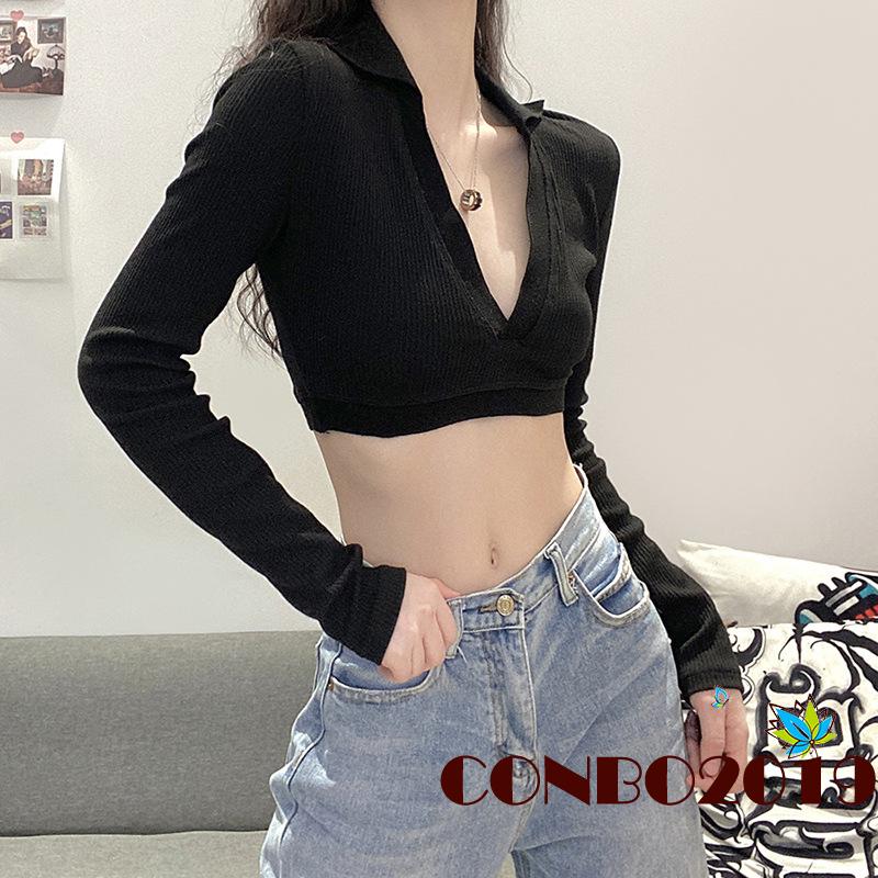 Áo Croptop Tay Dài Cổ Chữ V Màu Trơn Phong Cách Quyến Rũ | BigBuy360 - bigbuy360.vn