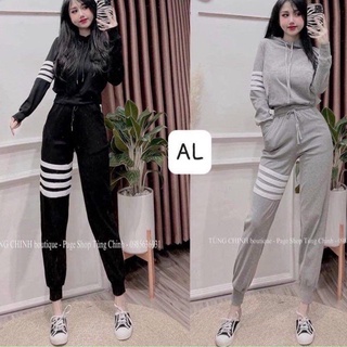 [HÀNG MỸ] Set bộ FOREVER21 thun nỉ cotton có nón hoodies tay dài quần jogger lưng thun 3 sọc trắng đen, xám