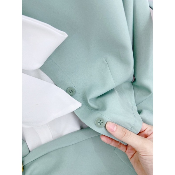 Set nữ set áo sơ mi trắng thắt nơ tay dài+ áo khoác vest xanh+ chân váy xếp ly dài lên dáng sang chảnh