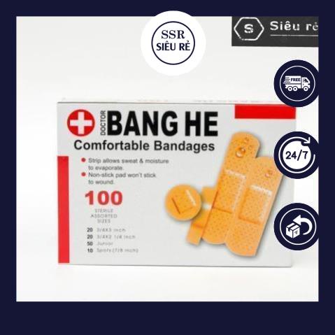 Băng dính cá nhân y tế Bang He, hộp 100 miếng, 4 kích thước bảo vệ các vết thương siêu tiện dụng (PD1825)