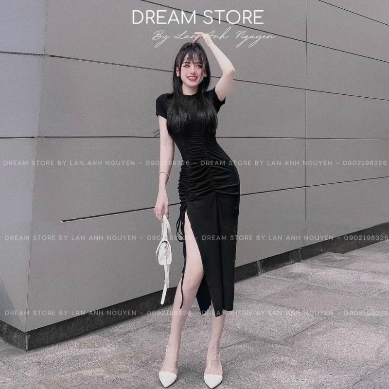 Đầm ôm body tay ngắn xẻ tà rút dây eo - 1275