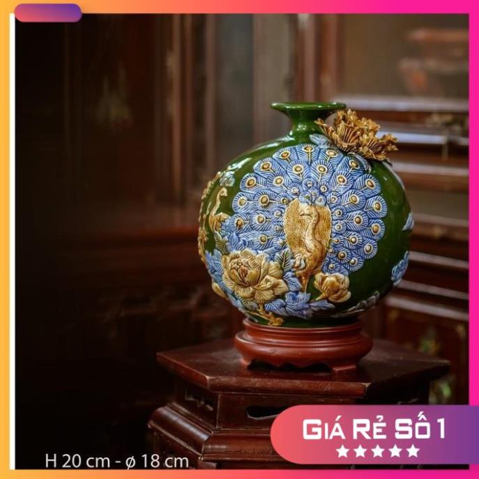 Bình hút lộc, lọ hoa hút tài lộc vinh hoa phú quý gốm sứ bát tràng 22cm màu xanh ngọc