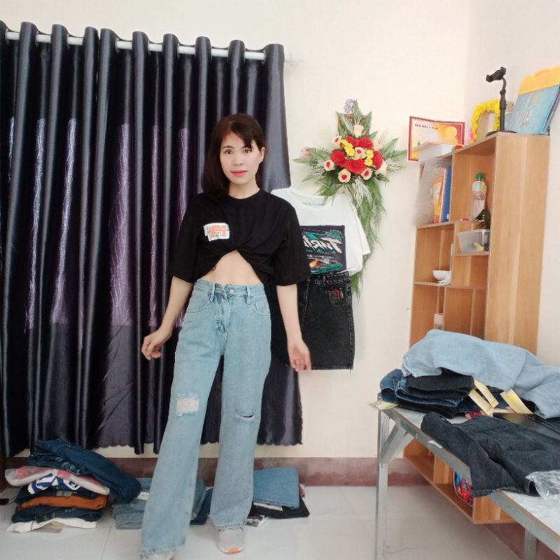 Quần jean nữ ống suông cạp lưng siêu cao chất mền đẹp cho phái đẹp | BigBuy360 - bigbuy360.vn