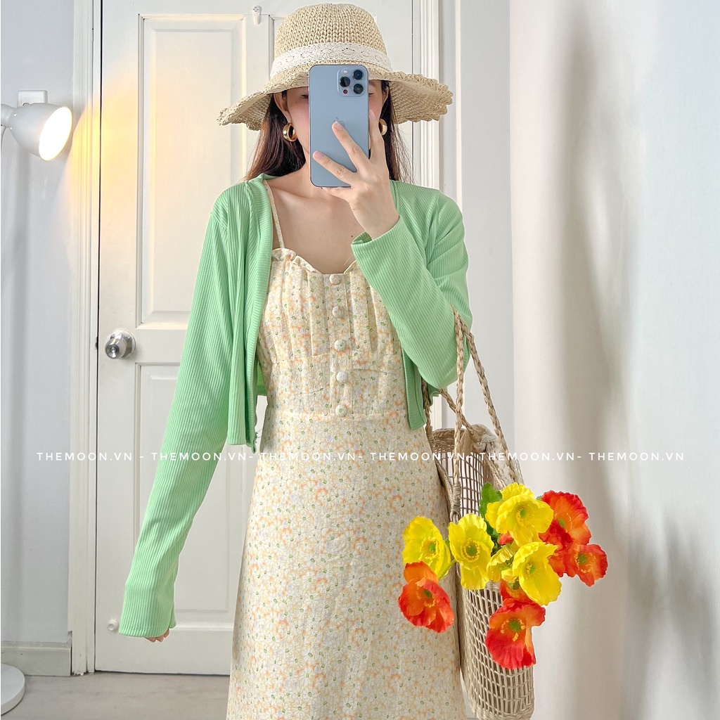 Set đầm 2s hoa có sẵn mút ngực viền bèo kèm áo khoác croptop 2 màu