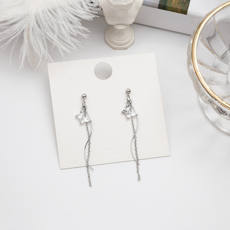 Hoa tai bông tai S925 hồ điệp đính đá tua dua dài lấp lánh E2799 thời trang phong cách Hàn Quốc
