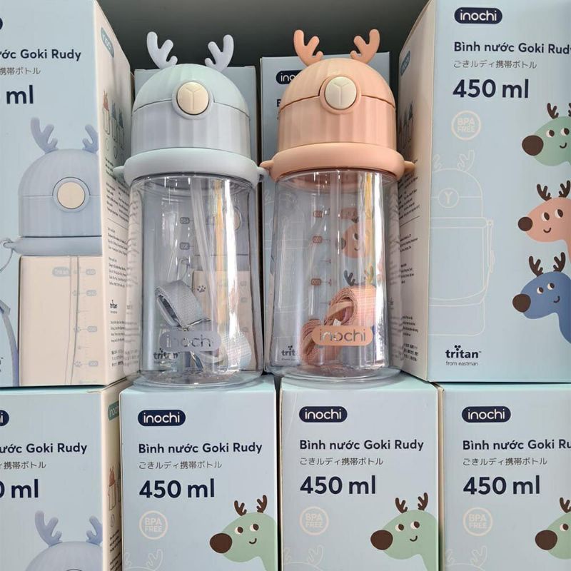 bình tập hút cho bé goki rudy inochi 450ml, bình hút nước tritan, bình đựng nước có ống hút vinamilkfreeship