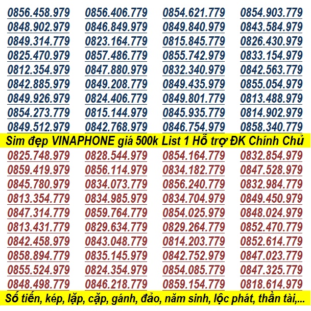 Số Đẹp VINA GIÁ RẺ 500K Dễ Nhớ File 1 Hỗ Trợ ĐĂNG KÝ CHÍNH CHỦ Miễn Phí Có nhiều khuyến mãi gói Của VinaPhone