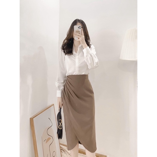 Chân váy bút chì dáng dài công sở Charm..store xếp nhún xẻ vải tuyết mưa mềm mịn hai màu đen, nâu CV47