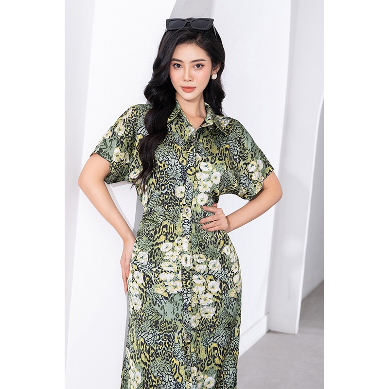 Đầm lụa xanh da bò, dáng dài, tà lệch - Limitted Toson 44092X62
