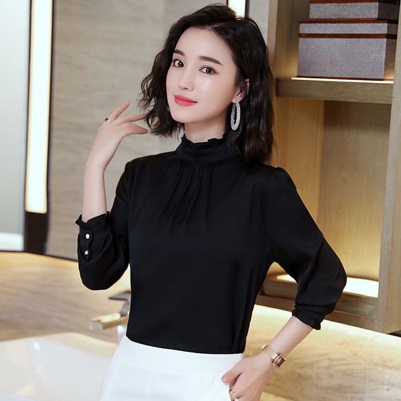 Áo Kiểu Tay Dài Chất Satin Thiết Kế Ôm Sát Thanh Lịch