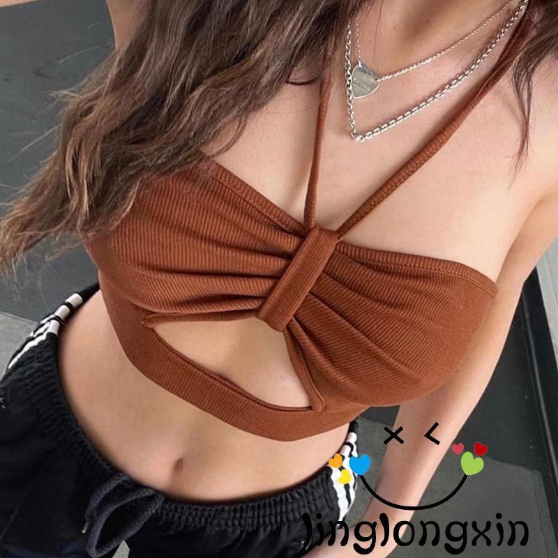 Áo Croptop Hai Dây Dệt Kim Màu Trơn Khoét Trước 2 Dây Cho Nữ