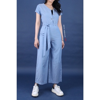 Q9273 - Jumsuit Denim warehouse cổ tim, tay ngắn, nút trước, cột nơ