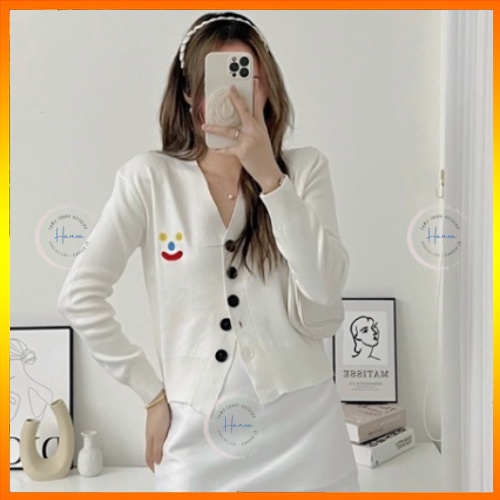 Áo Len Nữ Cardigan Dáng Croptop Họa Tiết Mặt Cười Đáng Yêu Chất Len Dệt Mềm Mịn Hanva