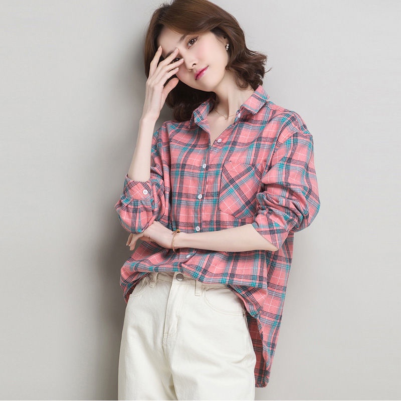 Áo sơ mi dài tay dáng rộng kẻ sọc caro phong cách Hàn Quốc thời trang mới cho nữ