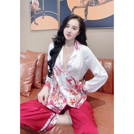 Đồ bộ pijama mặc nhà Lụa Tay Ngắn - Tay dài Quần dài hoạ tiết hoa nhí màu đỏ cho bạn nữ dưới 62kg cao cấp