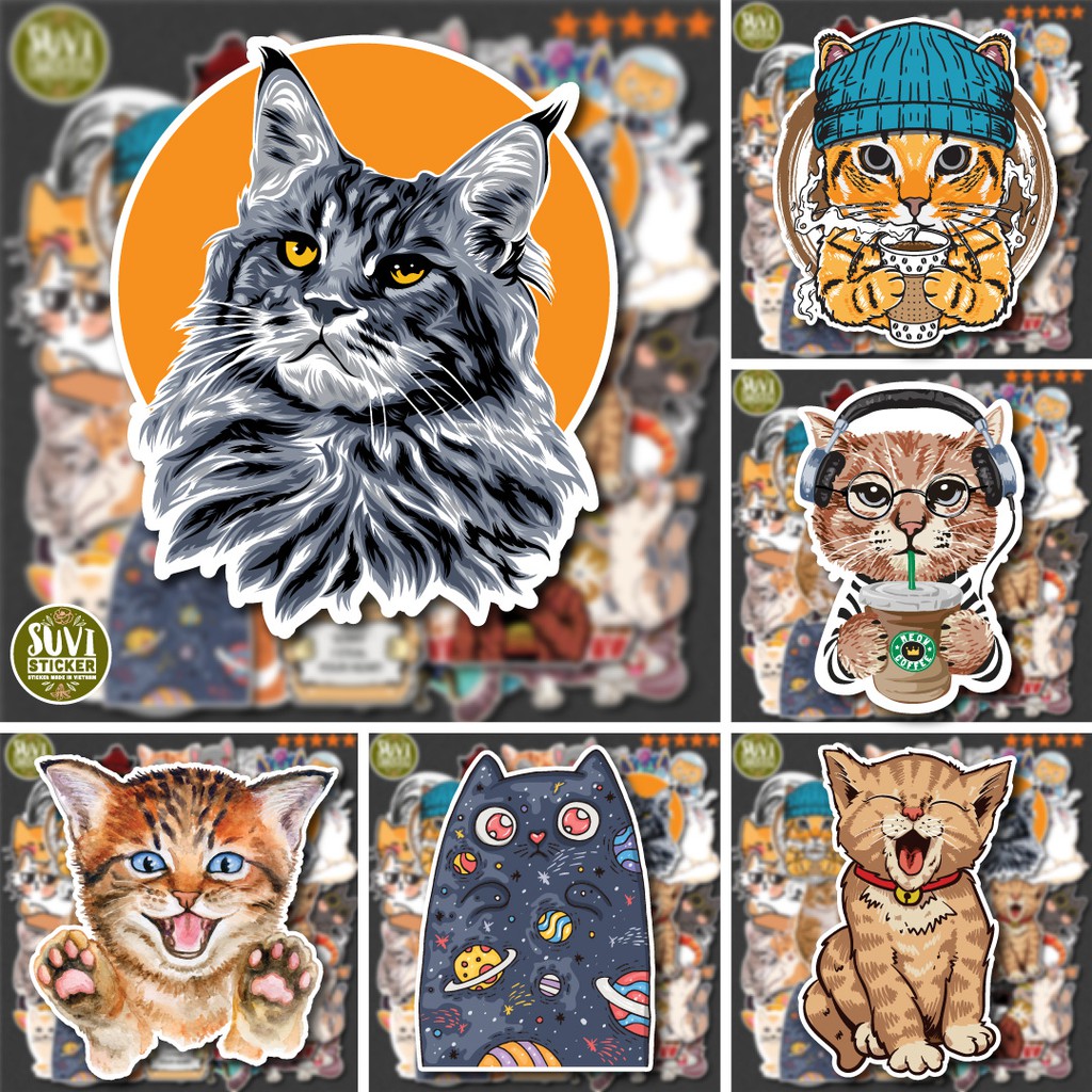50 Sticker Cute Cat chống nước sticker dán mũ bảo hiểm, laptop, điện thoại, đàn guitar, vali. MSP: NS07