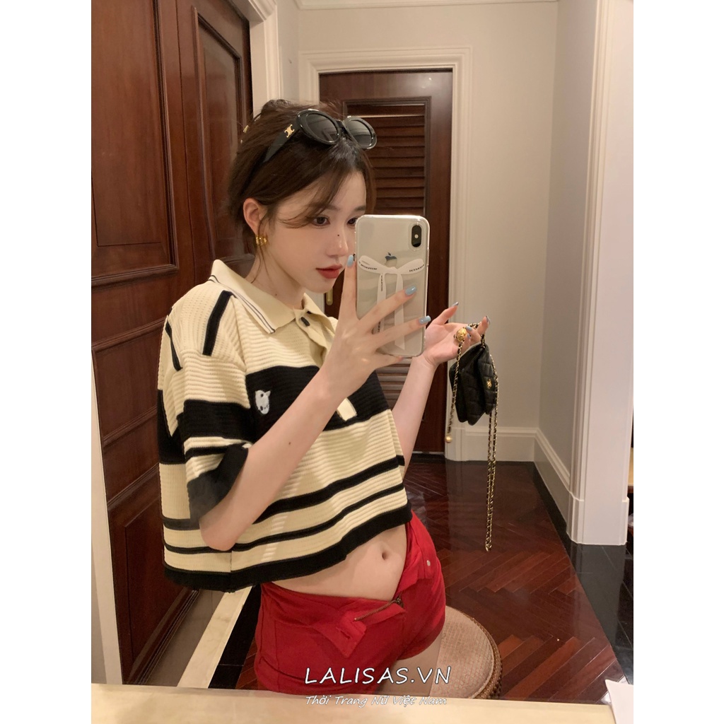 LALISAS Áo kiểu phối màu kẻ sọc thời trang hàn quốc dễ phối đồ cho nữ