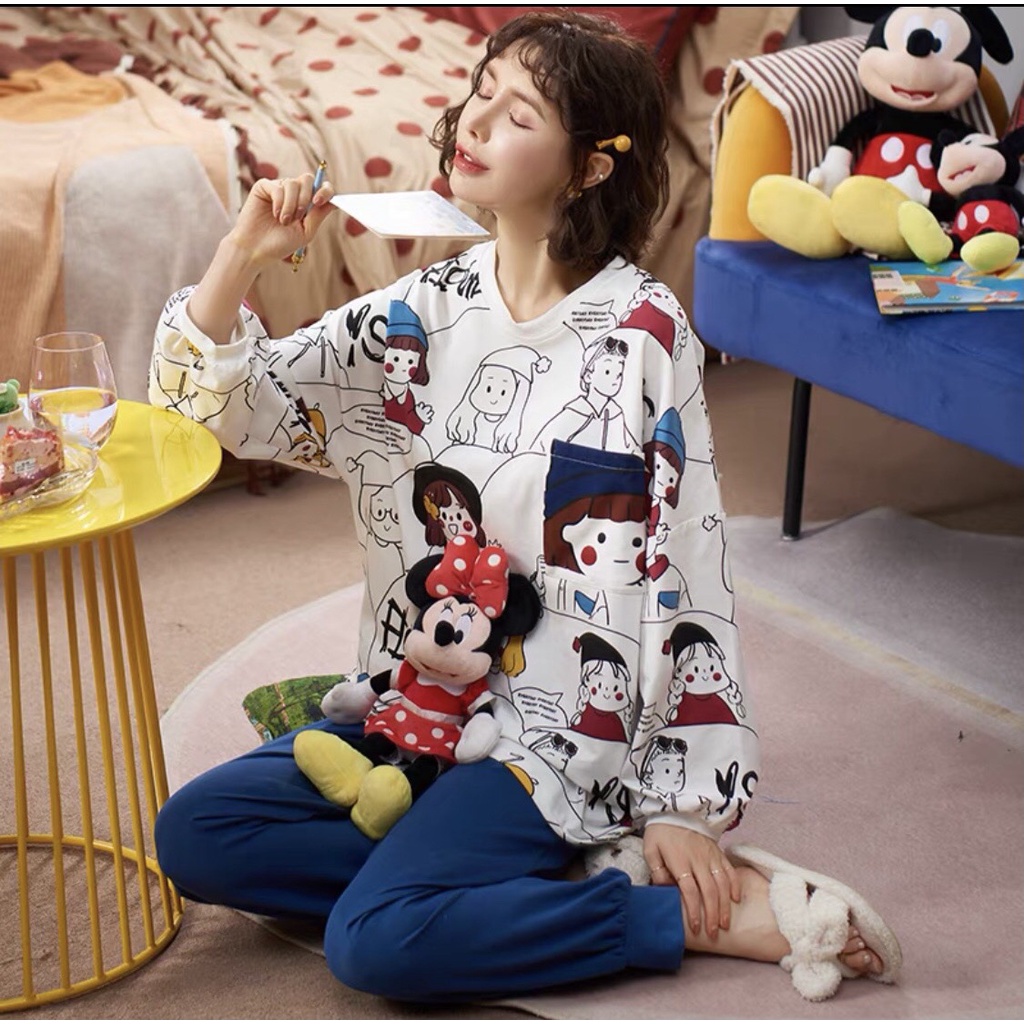 Bộ ngủ nữ hoạt hình siêu xinh chất cotton mịn JUNIDO
