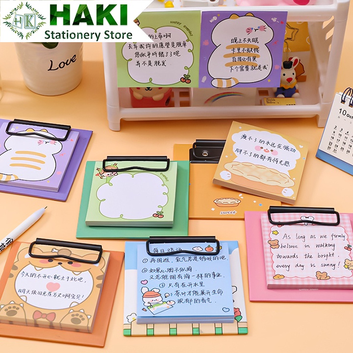 Giấy note ghi chú kiêm kẹp tài liệu mini hình vuông HAKI, giấy nhớ 30 tờ hoạt hình dễ thương NO12