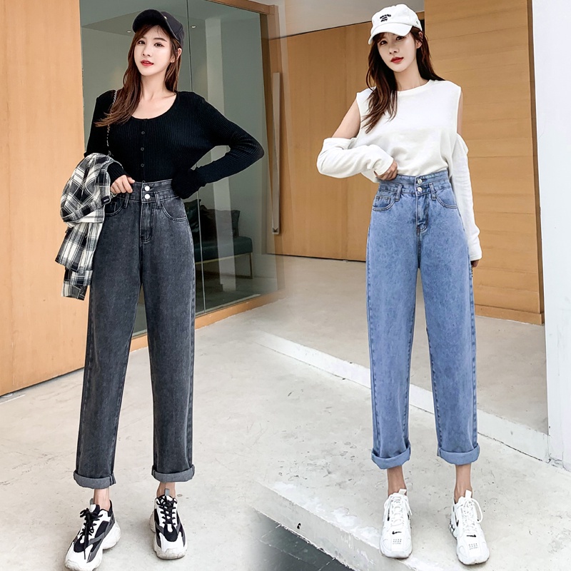 NRVP Quần jeans lưng cao ống rộng thiết kế xẻ rách cá tính