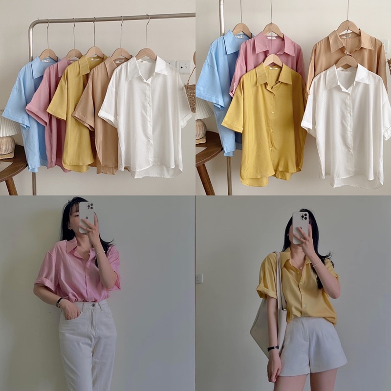 Áo sơ mi lụa Tằm cộc tay chất thái cổ đức thiết kế trơn mềm tôn dáng Áo sơ mi form rộng