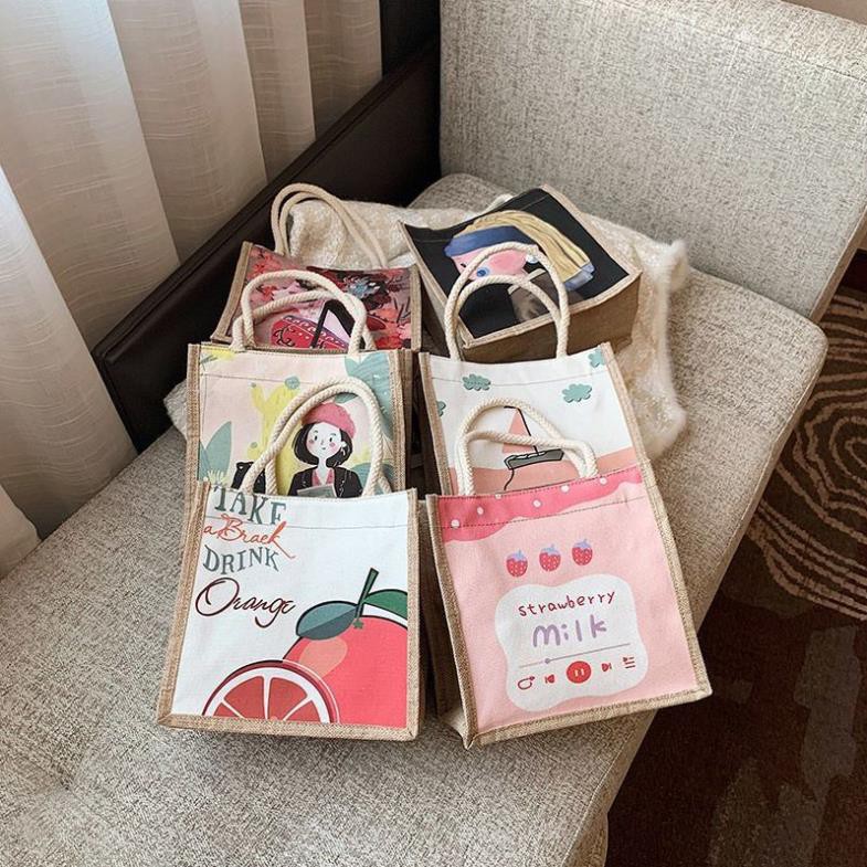 Túi xách cói, túi đựng đồ họa tiết hoạt hình, phong cách Nhật Bản đựng đồ tiện dụng văn phòng