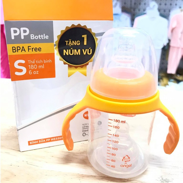 [Tặng 1 Núm Size S]Bình Sữa Wesser Nano Cao Cấp Cổ Rộng PP Bottle Kháng Khuẩn Có Tay Cầm Dung Tích 180ml/ 260ml