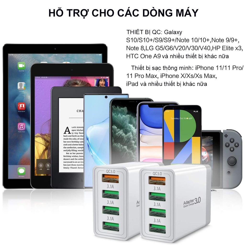 Củ Sạc Nhanh 4 Cổng USB, 5V3A - Ổ Sạc Đa Năng Cho Điện Thoại Iphone Samsung