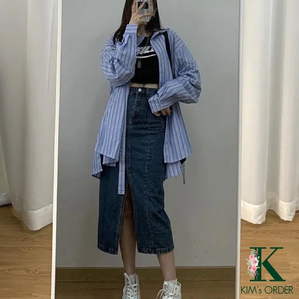 Chân váy bò Denim nữ màu xanh đậm và đen chất Jeans dáng dài xẻ tà cạp lưng cao hàng Quảng Châu phong cách Ulzzang Hàn