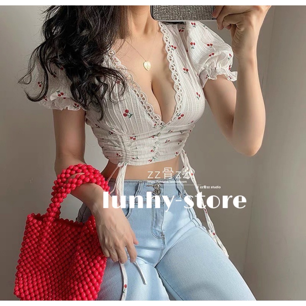 Áo Croptop Cổ V Nữ Kiểu Cột Rút 2 dây Ôm Body Voan Mềm Mịn