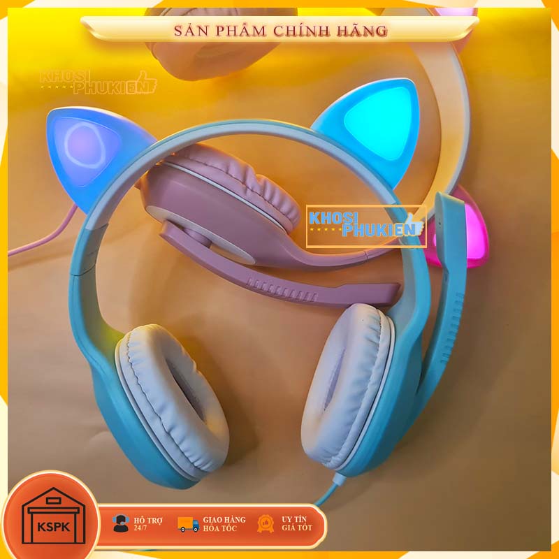 Tai Nghe Tai Mèo có LEd Có Mic - Tai nghe màu xanh và màu hồng cực kute