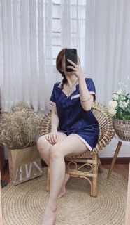 Bộ Pijama mặc nhà Phi Lụa đùi phối túi 2 màu dưới 65kg