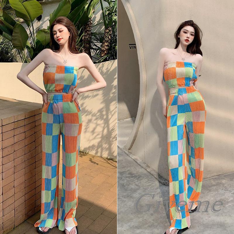Bộ Trang Phục 2 Mảnh Gồm Áo Không Tay Họa Tiết Kẻ Sọc Ô Vuông Nhiều Màu Và Quần Ống Rộng Lưng Cao Co Giãn Cho Nữ