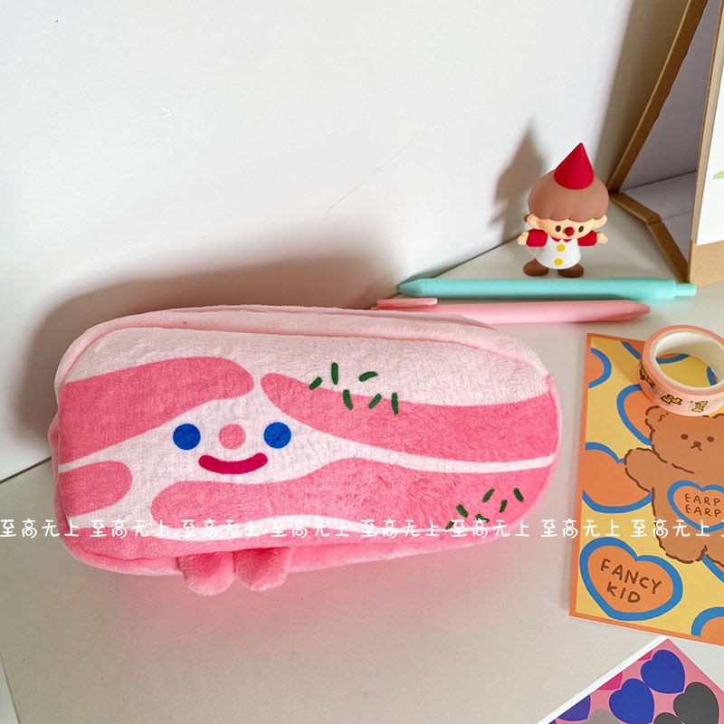 South Korea ins bacon plush pencil case fun large-capacity pork belly stationery bag cute cartoon student cosmetic bag