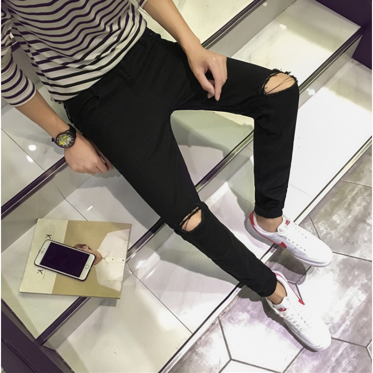GIÁ SỐC Quần jean nam đen rách gối co dãn