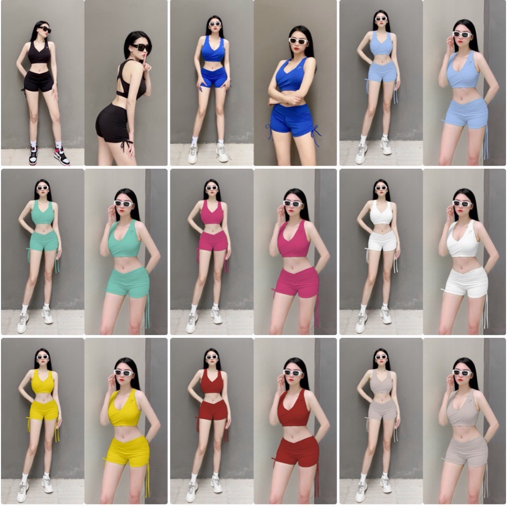 Bộ Đùi Rút Dây Bra Đắp Chéo Gymshark Kèm Mút Ngực Chất Thun Lạnh Co Giãn Tốt