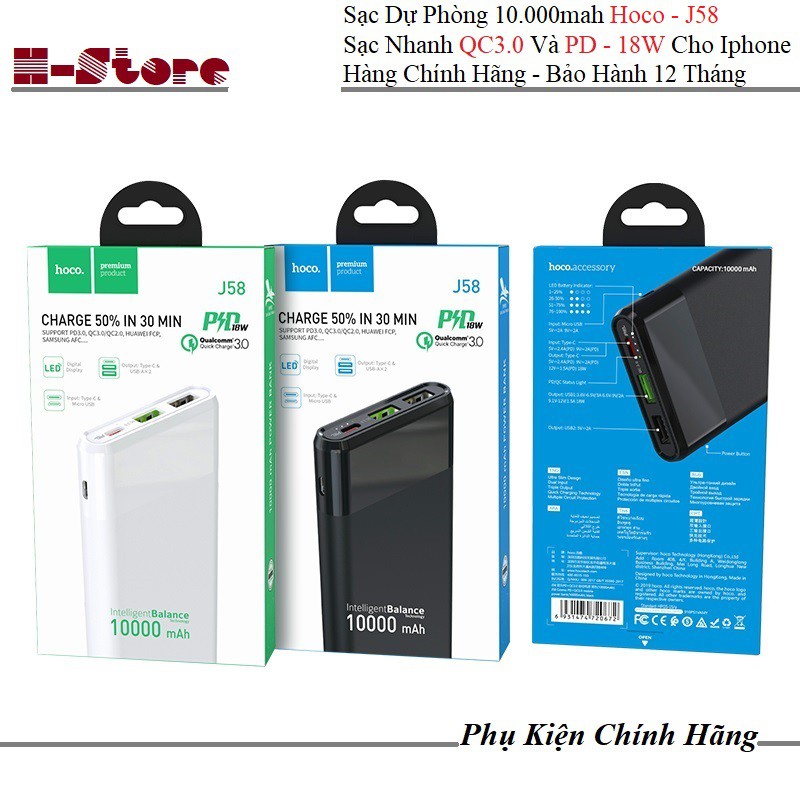 Sạc Dự Phòng Hoco J58 - 10.000 mAh QC3.0 Và PD-18W Dành Cho Iphone - Bảo Hành 12 Tháng