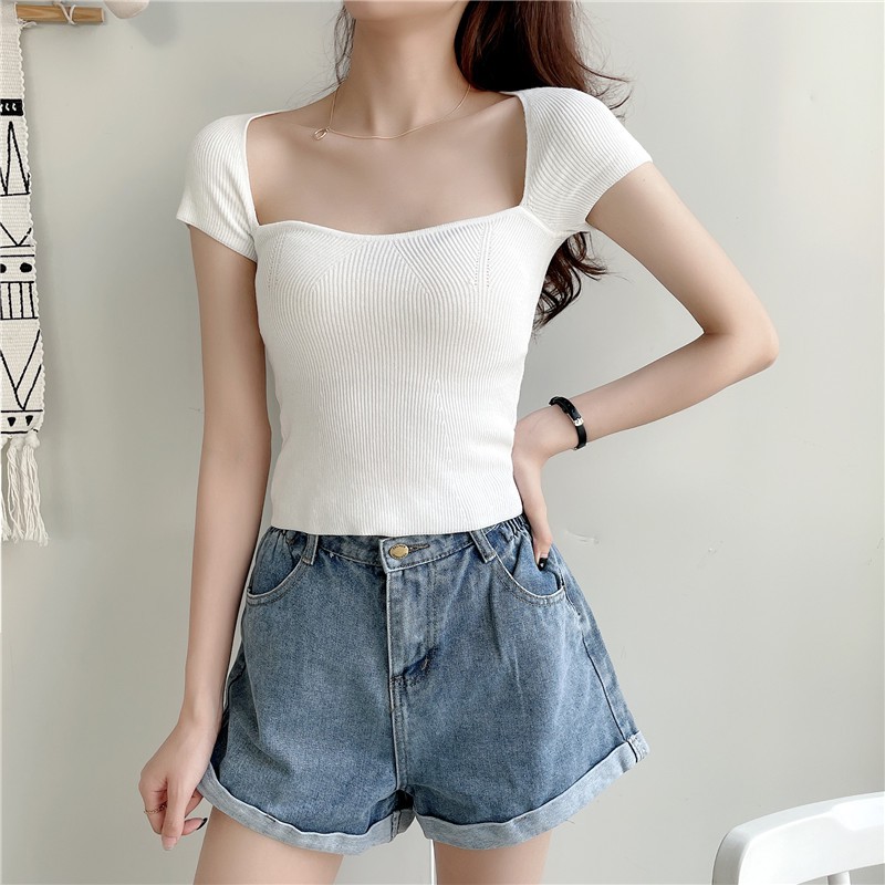 Áo Croptop Tay Ngắn Cổ Chữ V Màu Sắc Quyến Rũ Thời Trang Xuân Hè