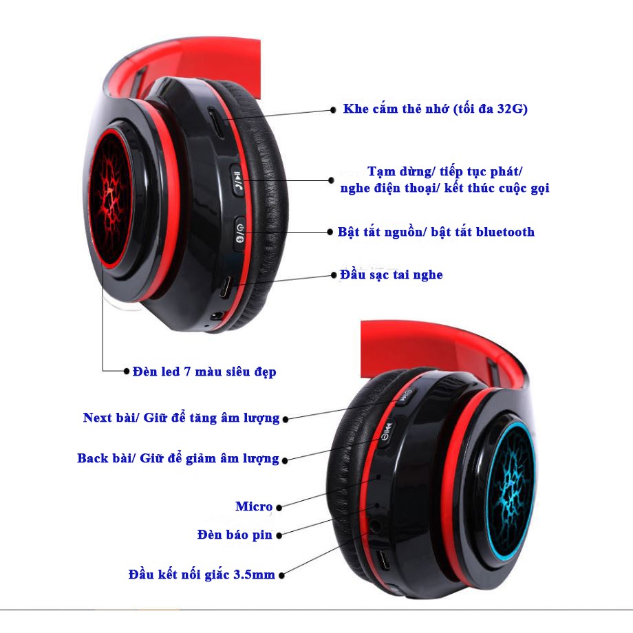 Tai Nghe Chụp Tai Bluetooth Cao Cấp, Headphone Thế Hệ Mới Có Mic Đàm Thoại, Đèn Led Siêu Đẹp, Hỗ Trợ Thẻ Nhớ