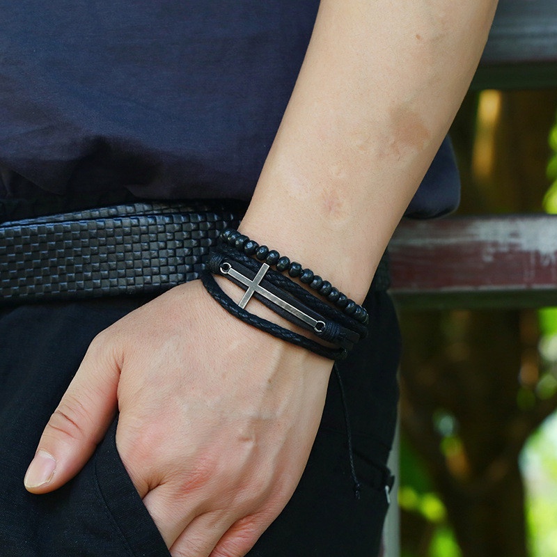 Vòng tay nam da thánh giá kim loại mix hạt cườm cực chất
