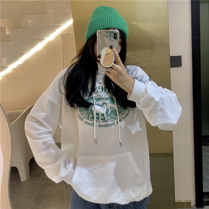 Áo Hoodie Form Rộng Họa Tiết In Theo Phong Cách Preppy Dễ Phối Đồ